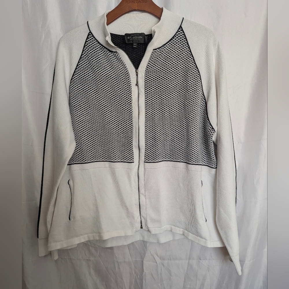 St. John White & Black Zip-Front Knit Jacket Size XL